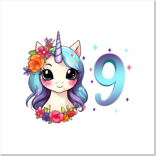 I am 9 with unicorn - girl birthday 9 years old Posters and Art